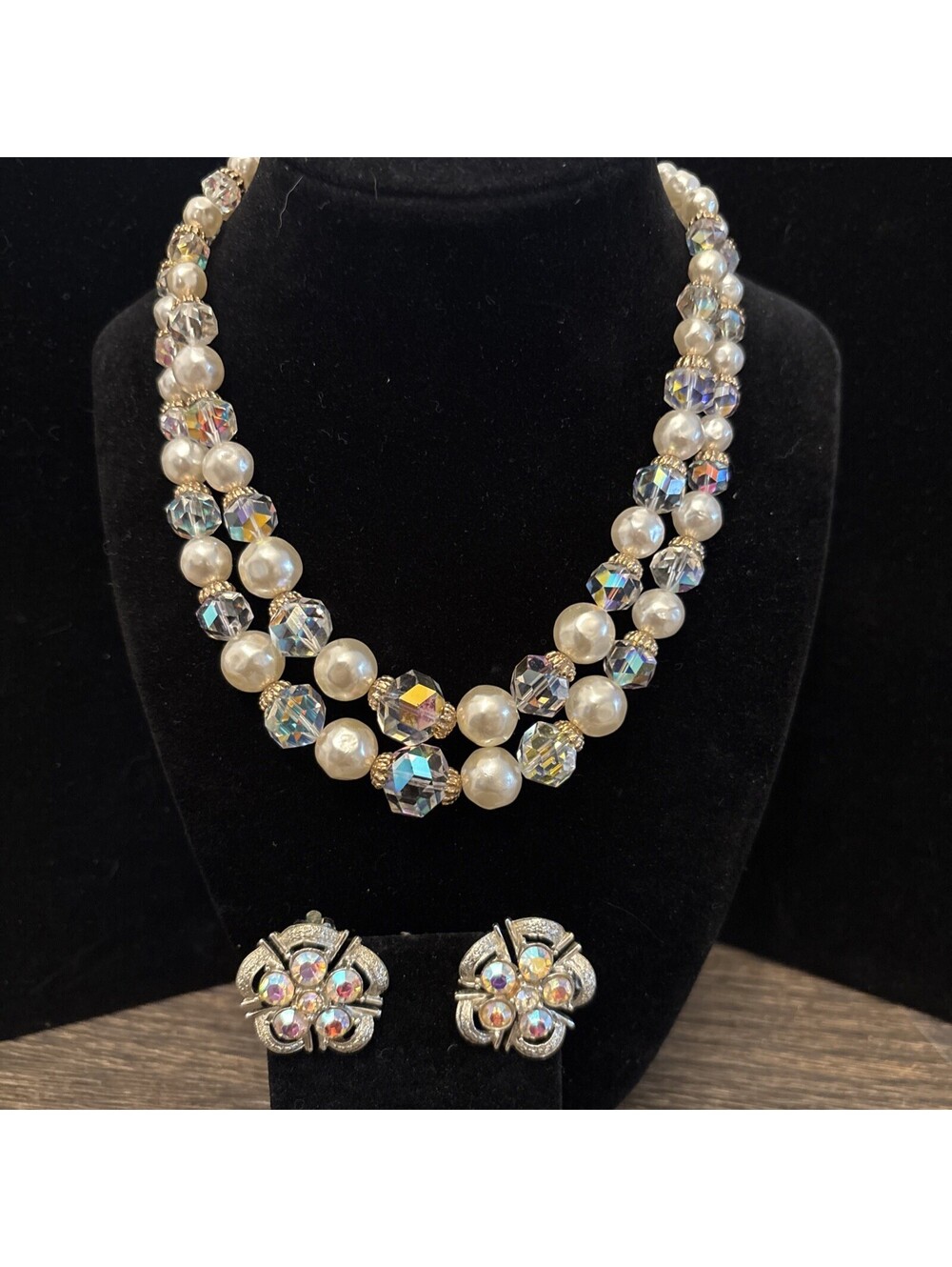 Beautiful Laguna Double Strand Faux Pearl And AB Necklace With Coro AB Clipons